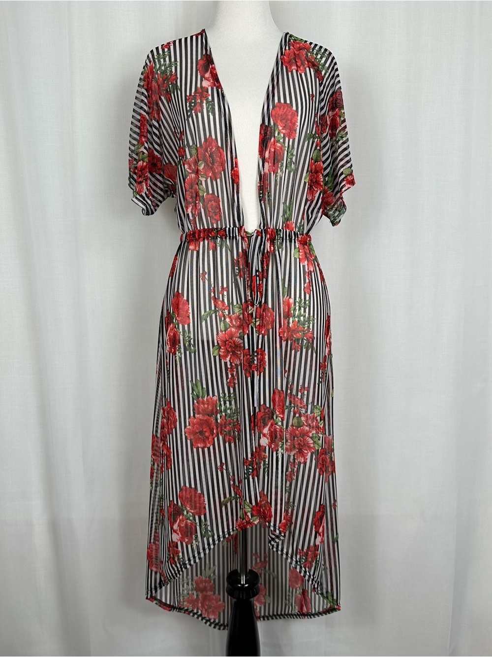Charlotte Russe Floral Striped Sheer Kimono Duster Swim Cover Up Tie Front S/M
